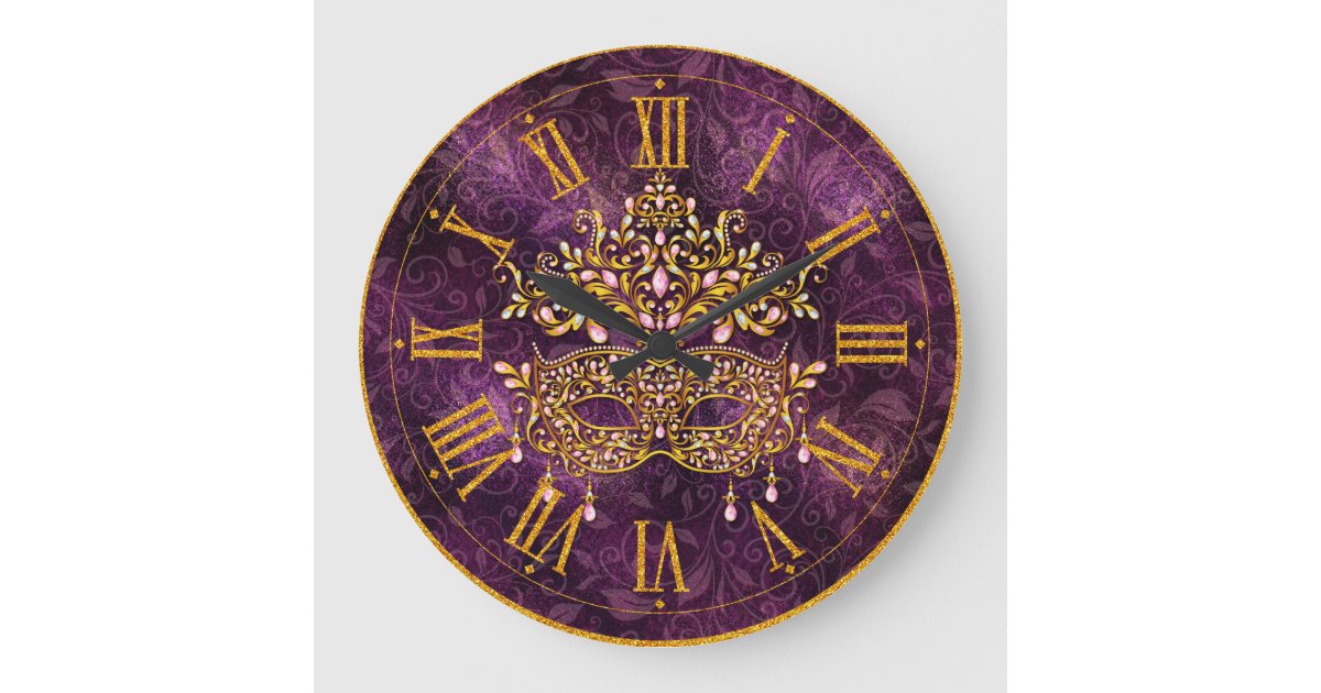 Mardi Gras Clock, Golden Jeweled Mask Large Clock | Zazzle
