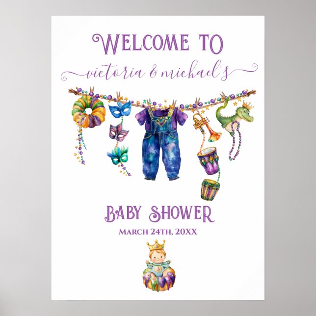 Mardi Gras Clothesline Baby Shower Welcome Sign (Front)