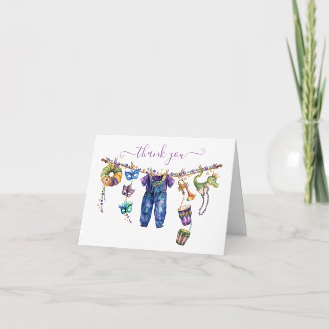 Mardi Gras Clothesline boy Baby Shower Thank You Card (Front)