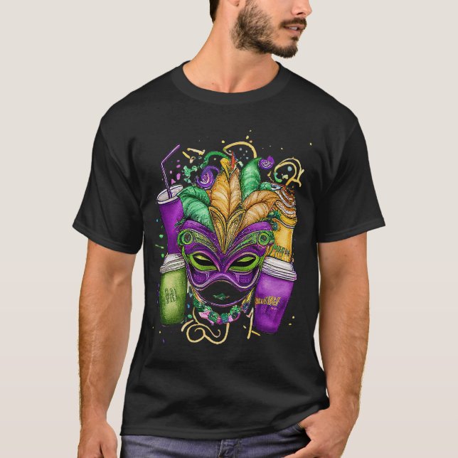 Mardi Gras Coffee Cups And Mask Fat Tuesday Carniv T-Shirt (Front)