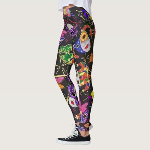 Mardi Gras Colorful Feather Mask on Black Leggings