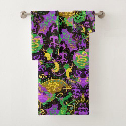 Mardi Gras Colors Damask Dragon Butterfly Snake Bath Towel Set