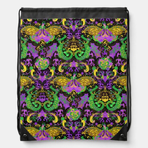 Mardi Gras Colors Damask Dragon Butterfly Snake Drawstring Bag