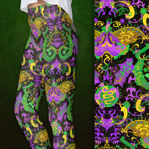 Mardi Gras Colors Damask Dragon, Butterfly, Snake Leggings