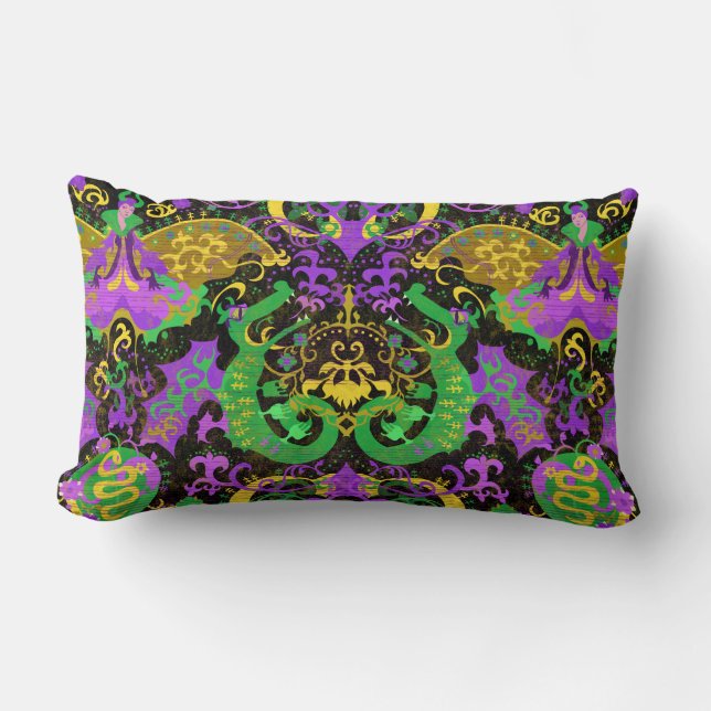 Mardi Gras Colors Damask Dragon, Butterfly, Snake Lumbar Pillow (Front)