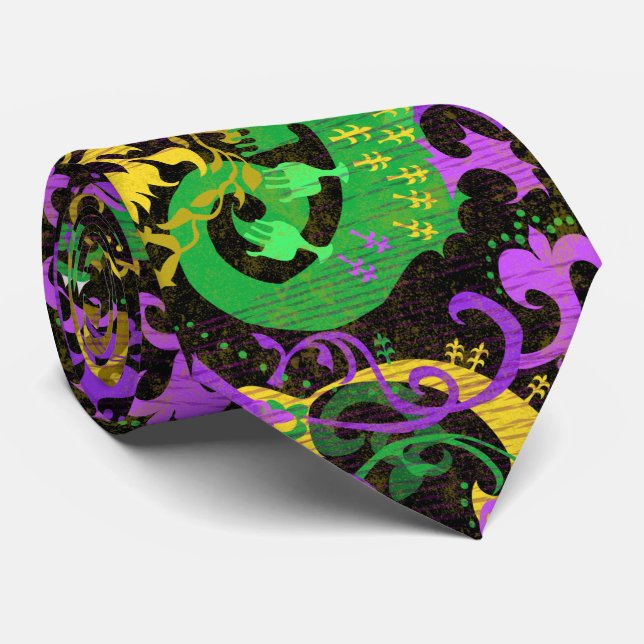 Mardi Gras Colors Damask Dragon, Butterfly, Snake Neck Tie (Rolled)
