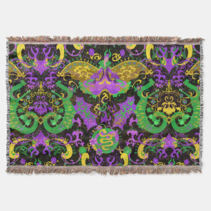Mardi Gras Colors Damask Dragon, Butterfly, Snake Throw Blanket
