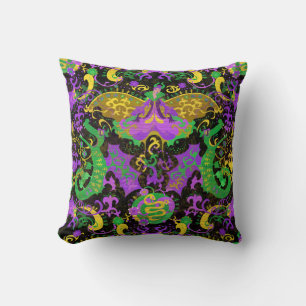 Mardi Gras Colors Damask Dragon, Butterfly, Snake Throw Pillow