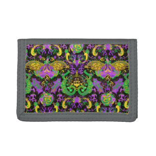 Mardi Gras Colors Damask Dragon, Butterfly, Snake Tri-fold Wallet
