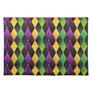 Mardi Gras Colors Diamond Harlequin Argyle - Black Cloth Placemat