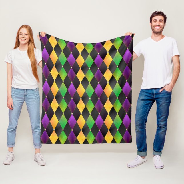 Mardi Gras Colors Diamond Harlequin Argyle - Black Fleece Blanket (In Situ)