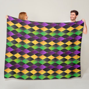 Mardi Gras Colors Diamond Harlequin Argyle - Black Fleece Blanket