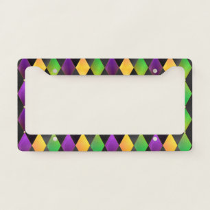Mardi Gras Colors Diamond Harlequin Argyle - Black License Plate Frame