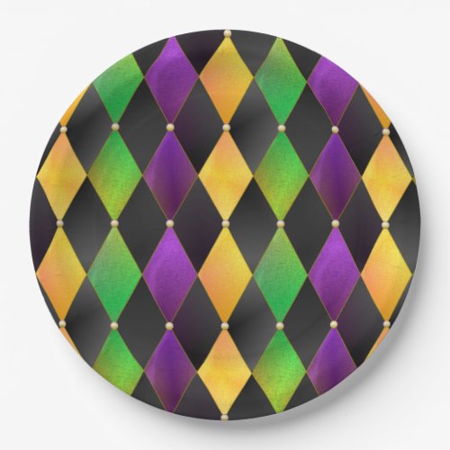 Mardi Gras Colors Diamond Harlequin Argyle _ Black Paper Plates