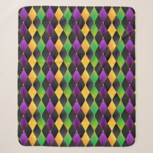 Mardi Gras Colors Diamond Harlequin Argyle - Black Sherpa Blanket