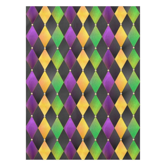 Mardi Gras Colors Diamond Harlequin Argyle - Black Tablecloth (Front)