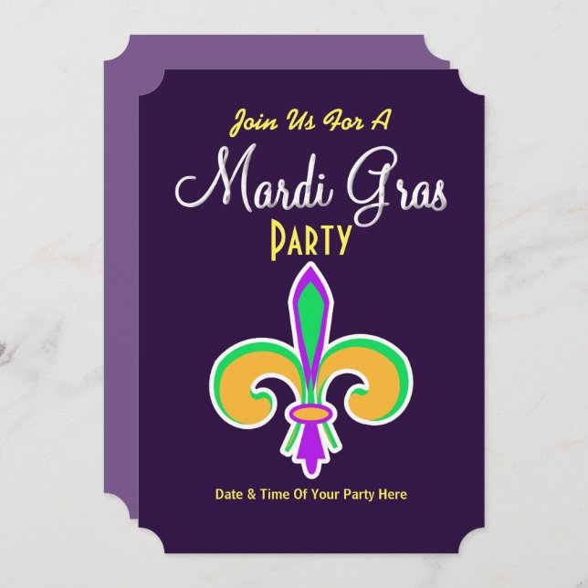 Mardi Gras Colors Fleur De Lis Invite (Front/Back)