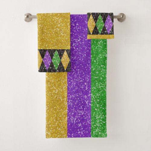 Mardi Gras Colors Glitter Stripe Bling Bath Towel Set