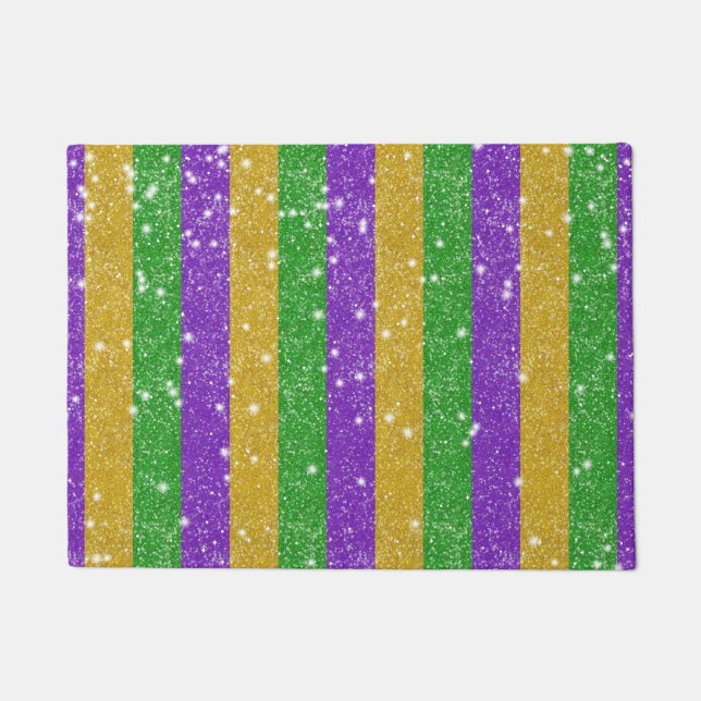 Mardi Gras Colors Glitter Stripe Bling Doormat (Front)