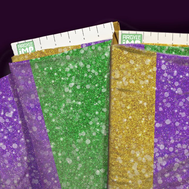 Mardi Gras Colors Glitter Stripe Bling Fabric (close-up with ruler)