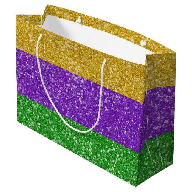 Mardi Gras Colors Glitter Stripe Bling Large Gift Bag (Back Angled)