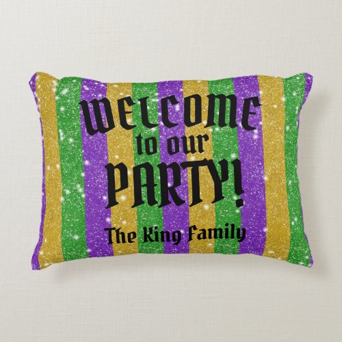 Mardi Gras Colors Glitter Stripe Bling Welcome Accent Pillow