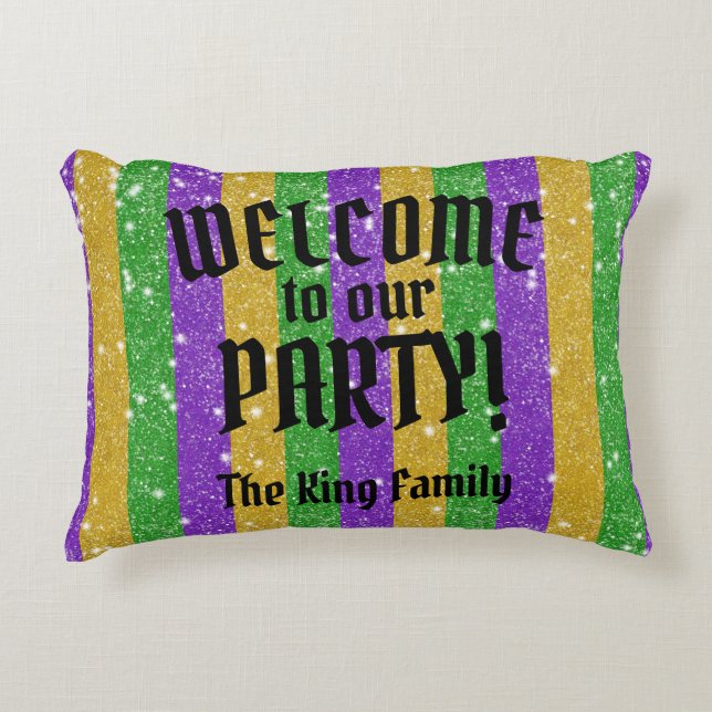Mardi Gras Colors Glitter Stripe Bling Welcome Accent Pillow (Front)