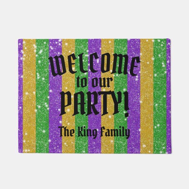 Mardi Gras Colors Glitter Stripe Bling Welcome Doormat (Front)