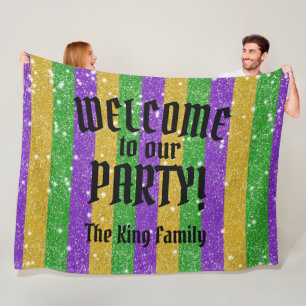 Mardi Gras Colors Glitter Stripe Bling Welcome Fleece Blanket