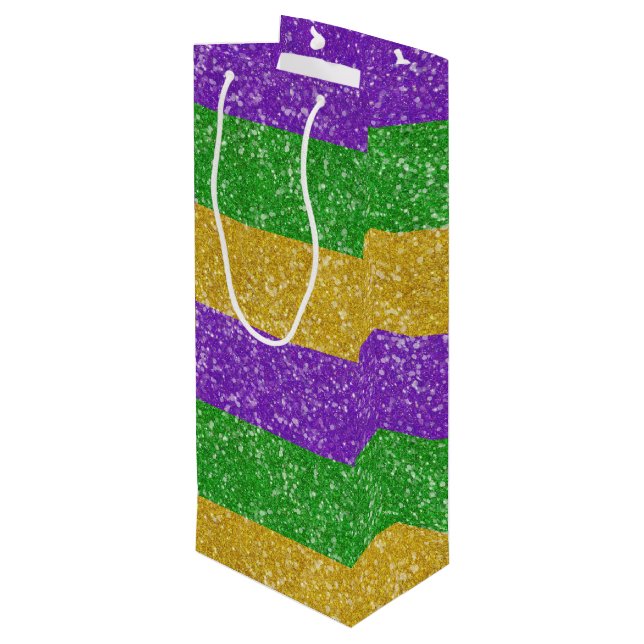 Mardi Gras Colors Glitter Stripe Bling  Wine Gift Bag (Back Angled)