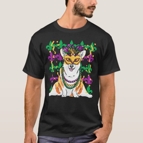 Mardi Gras Corgiwith Masquerade Mask T_Shirt