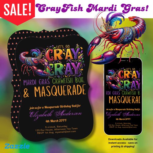 Mardi Gras Crawfish Boil Masquerade Lets Cray Cray Invitation