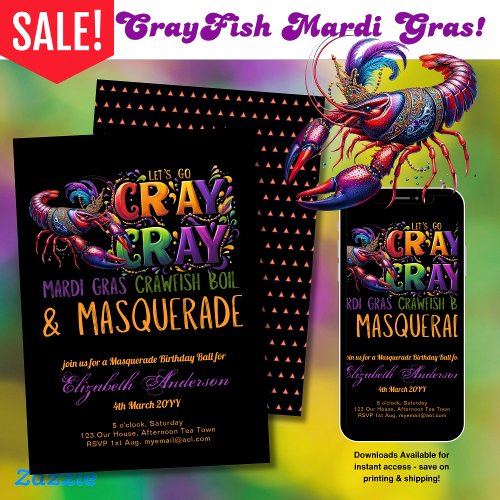 Mardi Gras Crawfish Boil Masquerade Lets Cray Cray Invitation