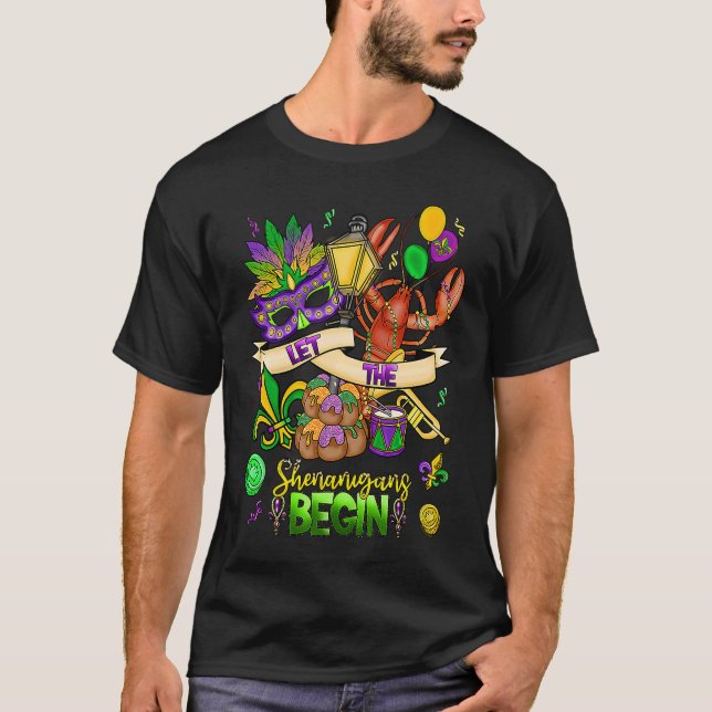 Mardi Gras Crawfish Jester Beads Let Shenanigans B T-Shirt (Front)