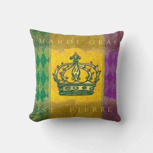 Mardi Gras Crown Purple Gold Family Name Monogram Throw Pillow