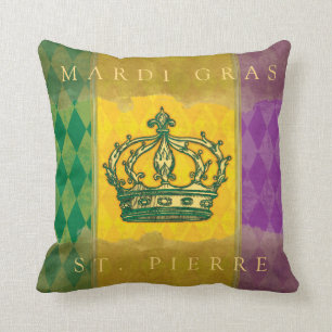 Mardi Gras Crown Purple Gold Family Name Monogram Throw Pillow