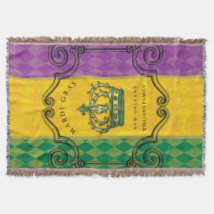 Mardi Gras Crown Purple Green Gold Family Name Throw Blanket