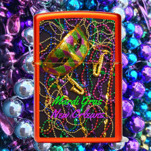 Mardi Gras Custom Text Mask And Beads Black Zippo Zippo Lighter