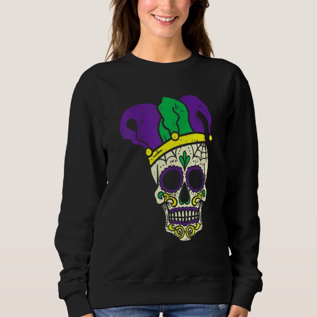 Mardi Gras Cute Skull Jester Hat Masked Beads Fest Sweatshirt (Front)