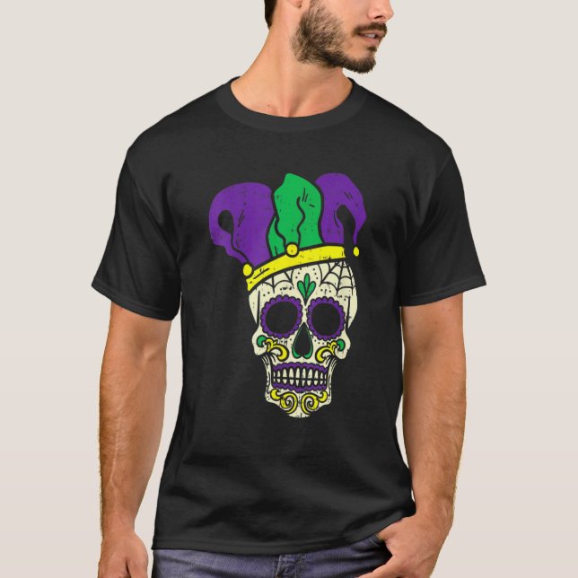Mardi Gras Cute Skull Jester Hat Masked Beads Fest T-Shirt (Front)
