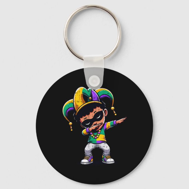 Mardi Gras Dabbing Boy Black Funny Outfit Jester H Keychain (Front)