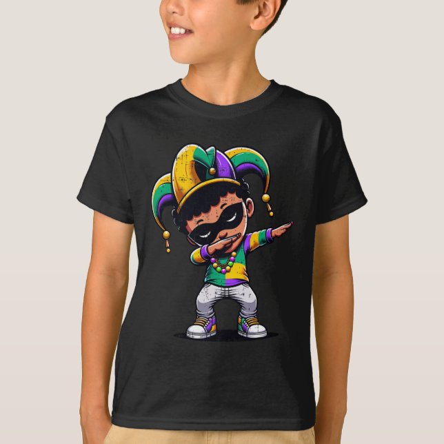 Mardi Gras Dabbing Boy Black Funny Outfit Jester H T-Shirt (Front)