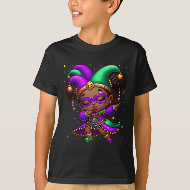 Mardi Gras Dabbing Cute Black Girl Jester Hat Wome T-Shirt (Front)