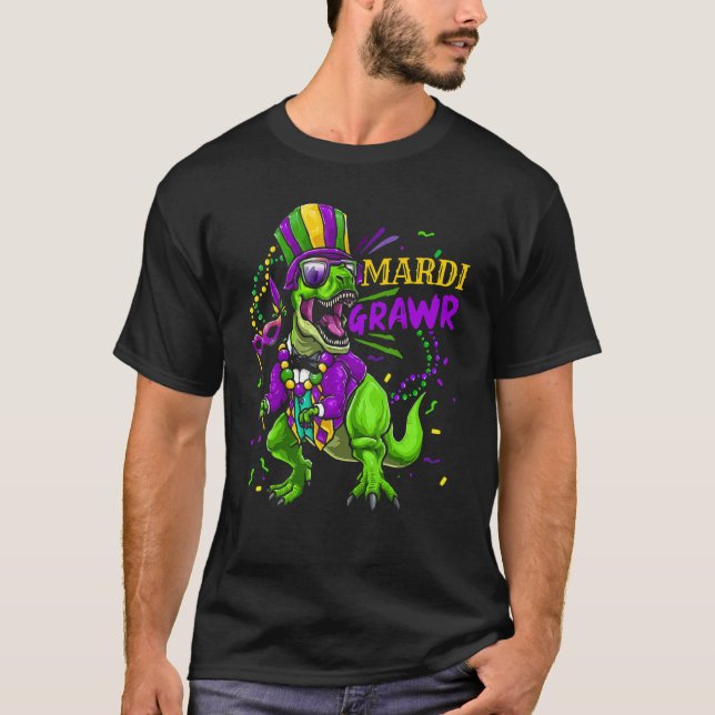 Mardi Gras Dabbing Rex Dinosaur Mardi Grawr Bead C T-Shirt (Front)