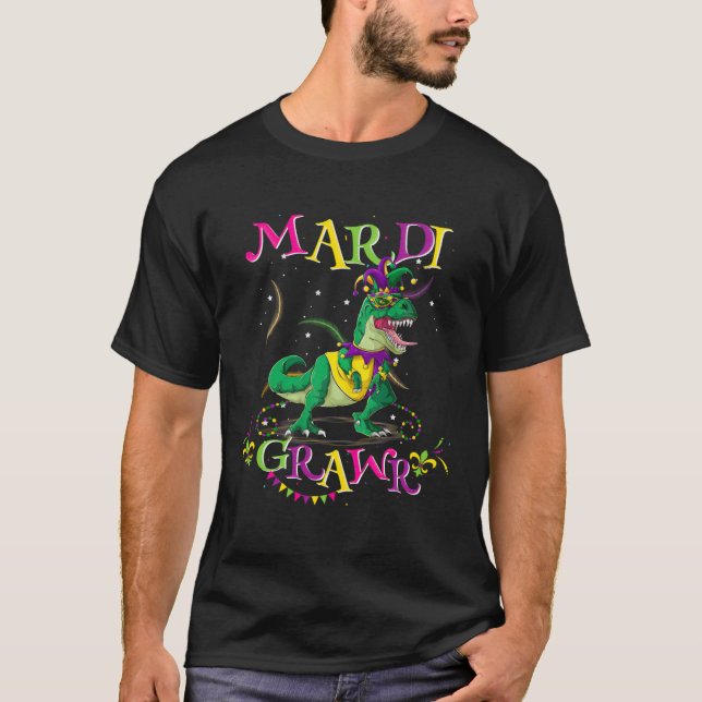 Mardi Gras Dabbing Rex Dinosaur Mardi Grawr Bead C T-Shirt (Front)