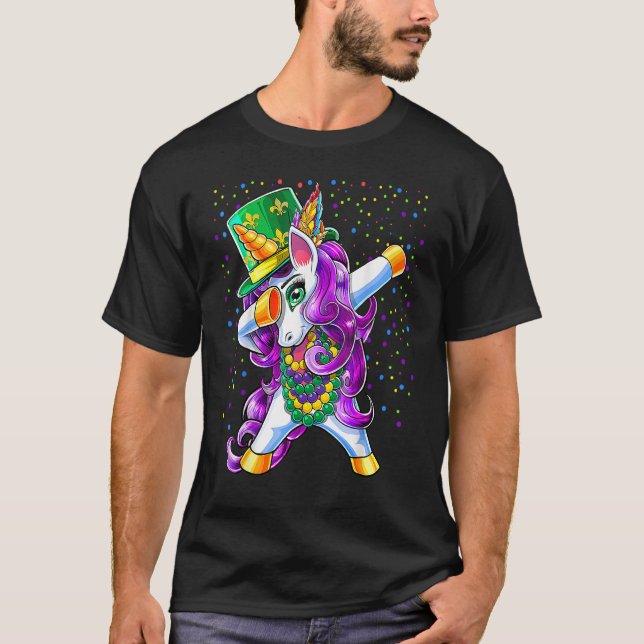 Mardi Gras Dabbing Unicorn Jester Hat Bead Costume T-Shirt (Front)
