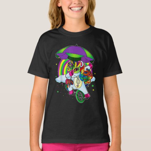 Mardi Gras Dabbing Unicorn Mask Costume Rainbow T_Shirt