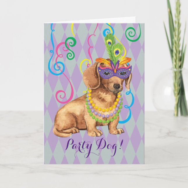 Mardi Gras Dachshund Card (Front)