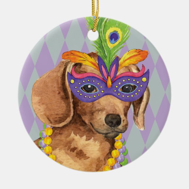 Mardi Gras Dachshund Ceramic Ornament (Front)