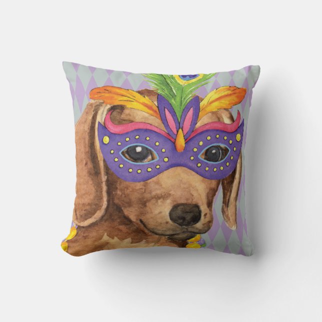 Mardi Gras Dachshund Throw Pillow (Front)